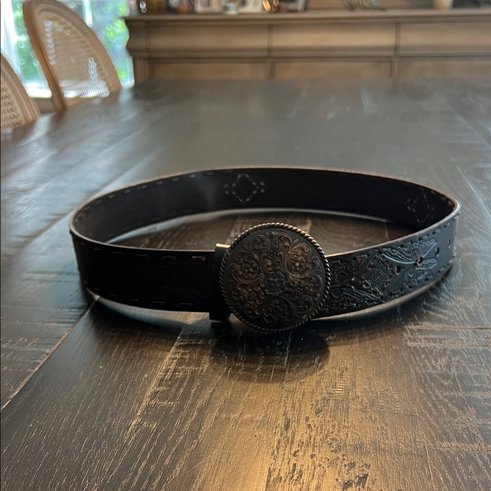 Brown Embossed Leather Belt with Ornate Buckle